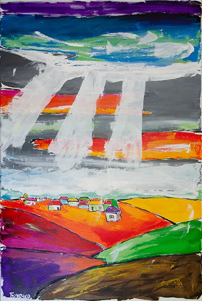 Пейзаж села в долині, над ним небо після дощу і сяйво з-під хмари