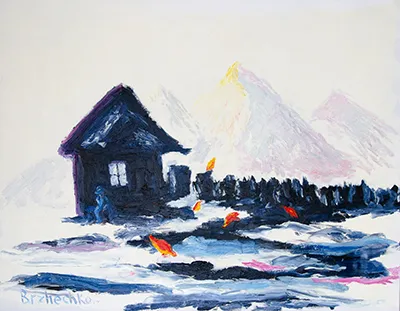 На фоні гір - чоловік сидить на призьби в задумі