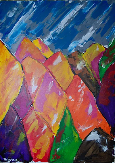 Забарвлені в жовто-гарячу фарбу дерева на фоні неба і дощу