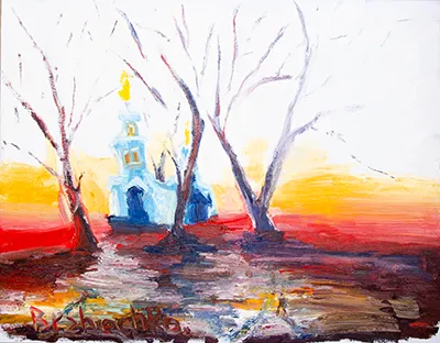 Блакитна церква за деревами у світлі сонця, що заходить