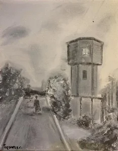 Чоловік йде повз водонапірну башту