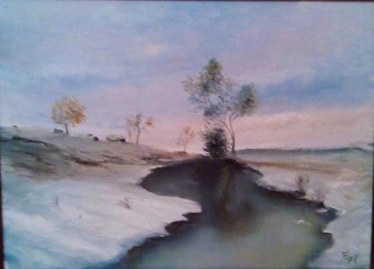 Випав сніг, Дерева ще з листям. Річка тече.