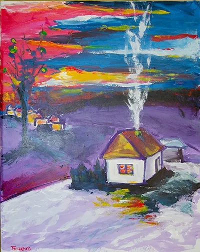 Хатинка димить комином на фоні надвечірʼя