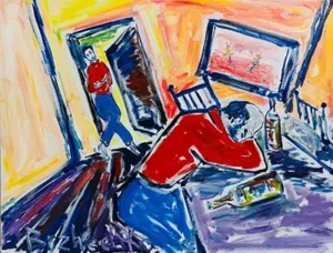 Чоловік схилився над столом з пляшками вина, на нього дивиться хопчик