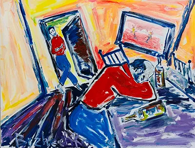 Чоловік схилився над столом з пляшками вина, на нього дивиться хопчик