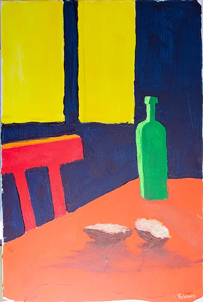 Стіл, вікно світанку та печена картопля з пляшкою випитого вина