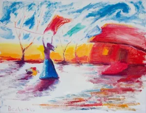 Мама розвішує щойно випраані лаки біля хати у вітер