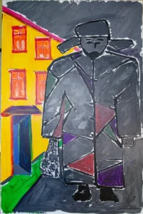 Чоловік йде з сумкою додому, наче тікаючи від себе