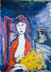 Портрет сумної жінки з жовтими мемозами в руках на фоні кімнати