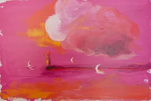 Маяк у дощовий рожевий вечір з вітрилами біля нього