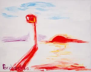 Червоний маяк на фоні білого моря