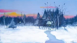 Ліс та хатинка лісника, зима, на мороз посідали круки на верхівʼя дерев