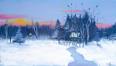 Ліс та хатинка лісника, зима, на мороз посідали круки на верхівʼя дерев